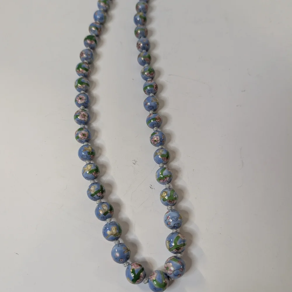 Vintage Necklace Asian Hand Knotted Blue Hand Painted Beads
